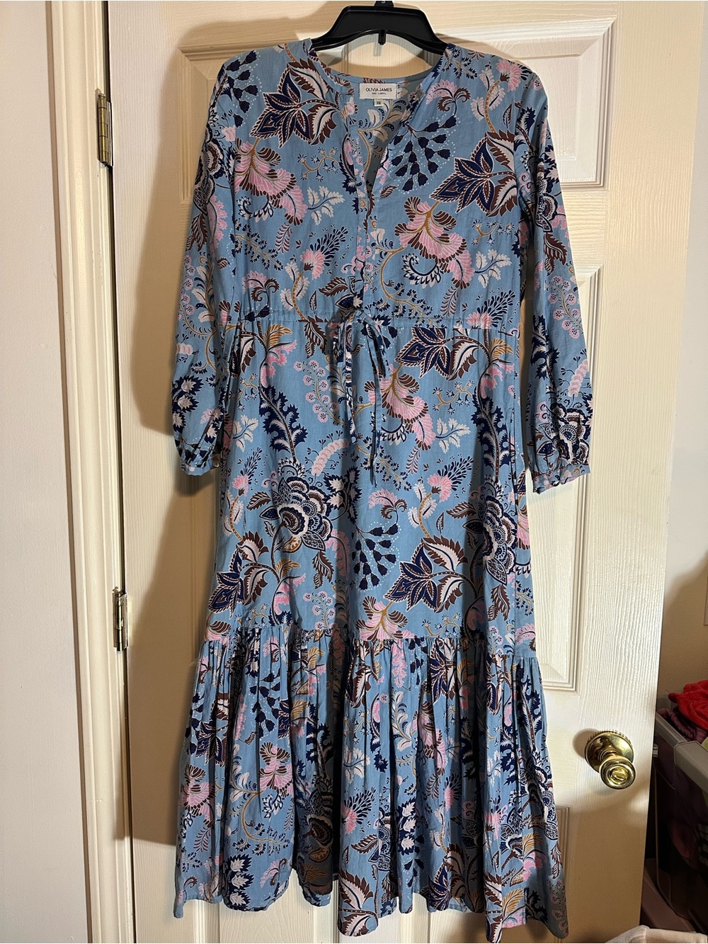 Olivia James The label Blue Floral Tiered Maxi Dress with Pink Accents